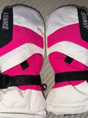 Kids Pink and White Snow Mittens with Adjustable Strap